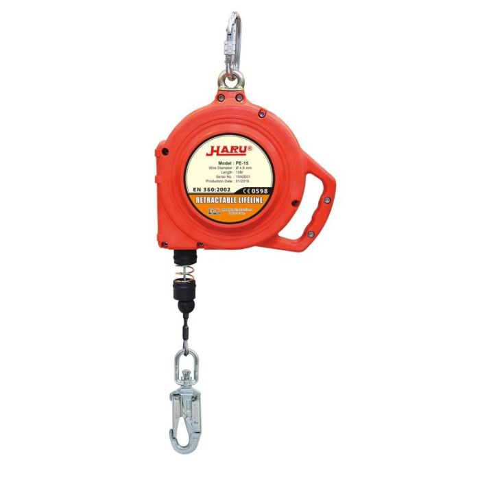 Valstopblok 15 m Helixon – polymeer behuizing, roterende wartel met karabijnhaak, geïntegreerd remsysteem (< 6 kN), geschikt tot 140 kg, verticaal gebruik (EN‑360)