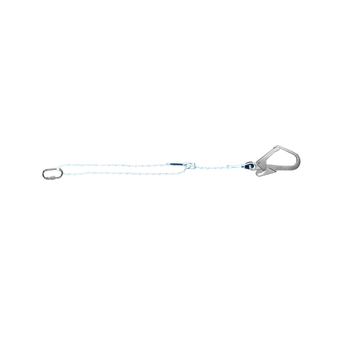 Instelbare positioneringslijn 1,1–1,8 m (EC‑PLZI‑E75T) – 14 mm gedraaid touw met karabiner en steigerhaak, max. draaggewicht 140 kg, zonder valdemper, conform EN‑354