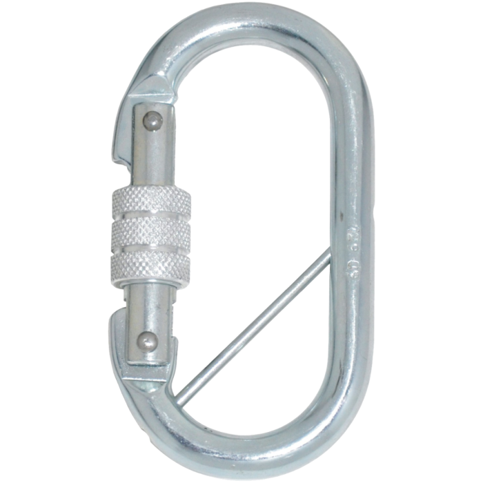 Sterke stalen karabiner met screw-lock sluiting en borgpen, geschikt voor zware werkomstandigheden en permanente verbindingen, gecertificeerd volgens EN 36