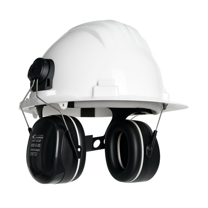 Witte TXR helmset met TIRRENO TXR veiligheidshelm en SNR 30 dB oorkappen – industrieel gecertificeerd, lichtgewicht ABS helm.
