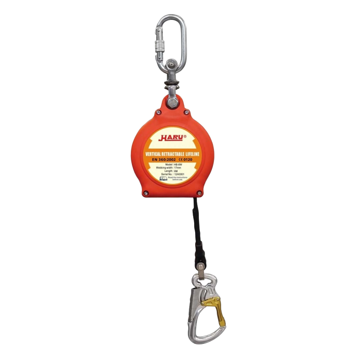 Valstopblok 3,5 m – Webbing (EC‑VSBV‑3.5W), licht kunststof behuizing, webbing lint, roterend oog, snaphook, 1,5 kg, voor verticaal gebruik, ATEX-approved, conform EN‑360