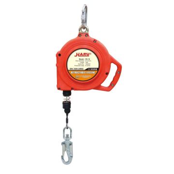 Valstopblok 15 m Helixon – polymeer behuizing, roterende wartel met karabijnhaak, geïntegreerd remsysteem (< 6 kN), geschikt tot 140 kg, verticaal gebruik (EN‑360)