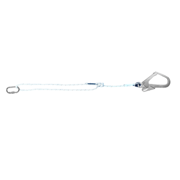 Instelbare positioneringslijn 1,1–1,8 m (EC‑PLZI‑E75T) – 14 mm gedraaid touw met karabiner en steigerhaak, max. draaggewicht 140 kg, zonder valdemper, conform EN‑354