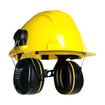 TXR Helmset geel met oorkappen – TIRRENO TXR veiligheidshelm fluorescerend geel, EN 397 & EN 50365 gekeurd, met gehoorbescherming SNR 30 dB.
