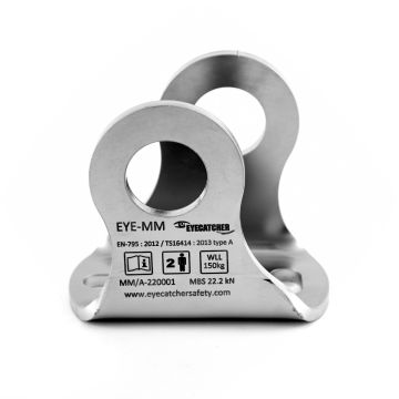 Ankerpunt Mickey M10/M12 (EC-EYE-MM) – robuust RVS aanhaakoog met twee bevestigingspunten (M12 + M10), afmetingen 80 × 56 mm, geschikt voor 2 personen (12 kN / 13 kN), conform EN-795 type A