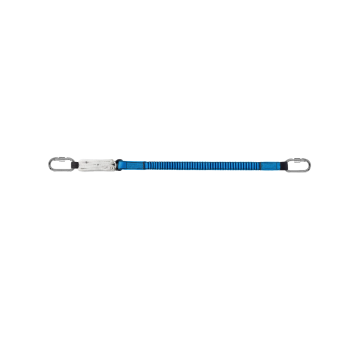 Eyecatcher Vallijn Stretch 1,5 m (EC‑VLD‑2) – compacte webbing vallijn met valdemper, karabiner en steigerhaak (55 mm opening), uitrekbaar, belastbaar tot 140 kg, conform EN‑355